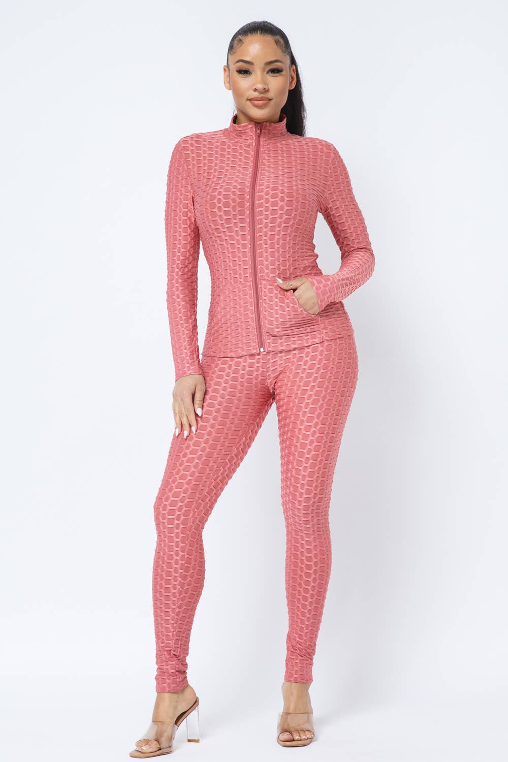 Honeycomb Zipper Side Pockets Jacket and Leggings Set