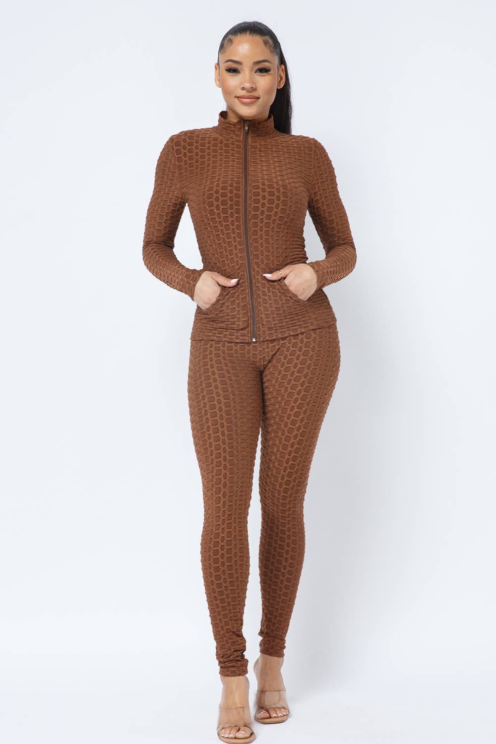 Honeycomb Zipper Side Pockets Jacket and Leggings Set