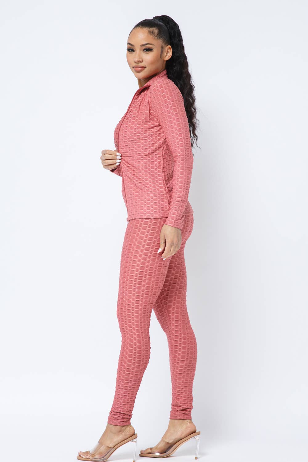 Honeycomb Cross Back Jumpsuit And Zipper Jacket Set