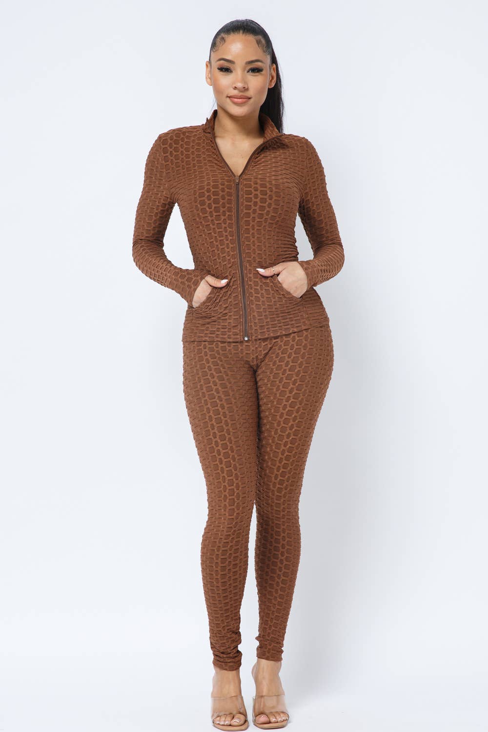 Honeycomb Zipper Side Pockets Jacket and Leggings Set