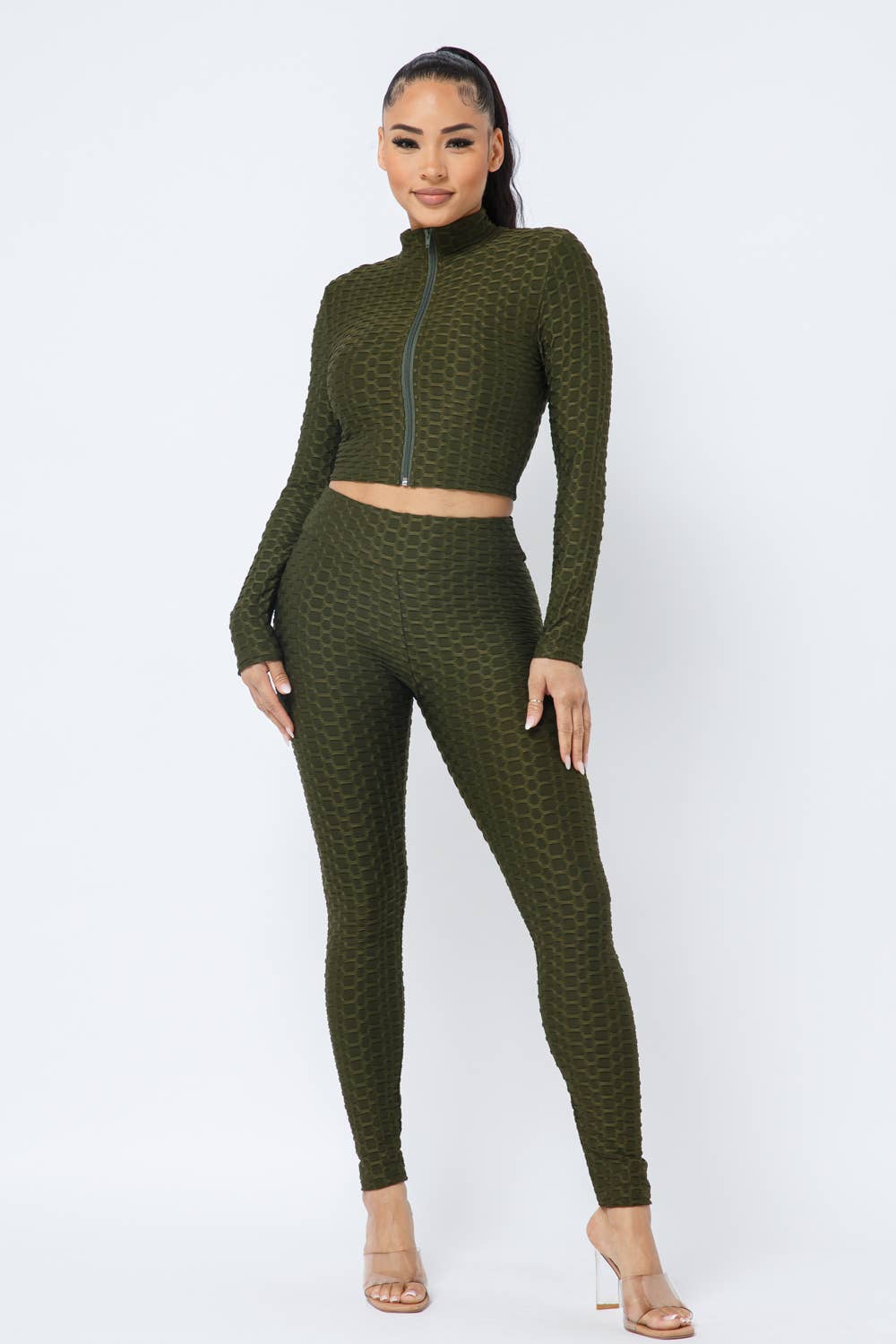 Honeycomb Mock Neck Cropped Jacket and Leggings Set