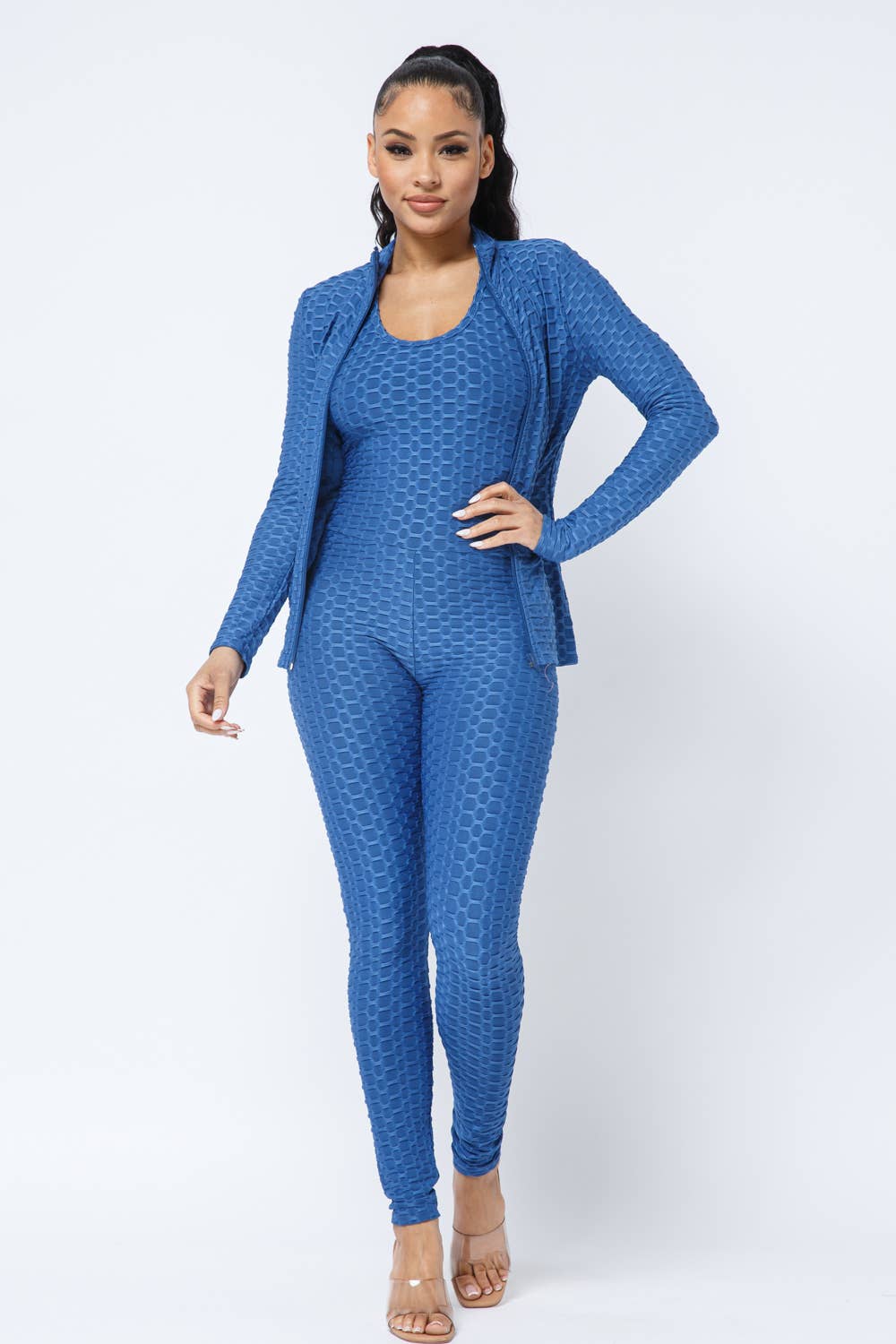 Honeycomb Cross Back Jumpsuit And Zipper Jacket Set