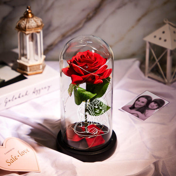 Custom Photo Line Drawing LED Night Light Romantic Simulation Eternal Red Rose In Glass Dome