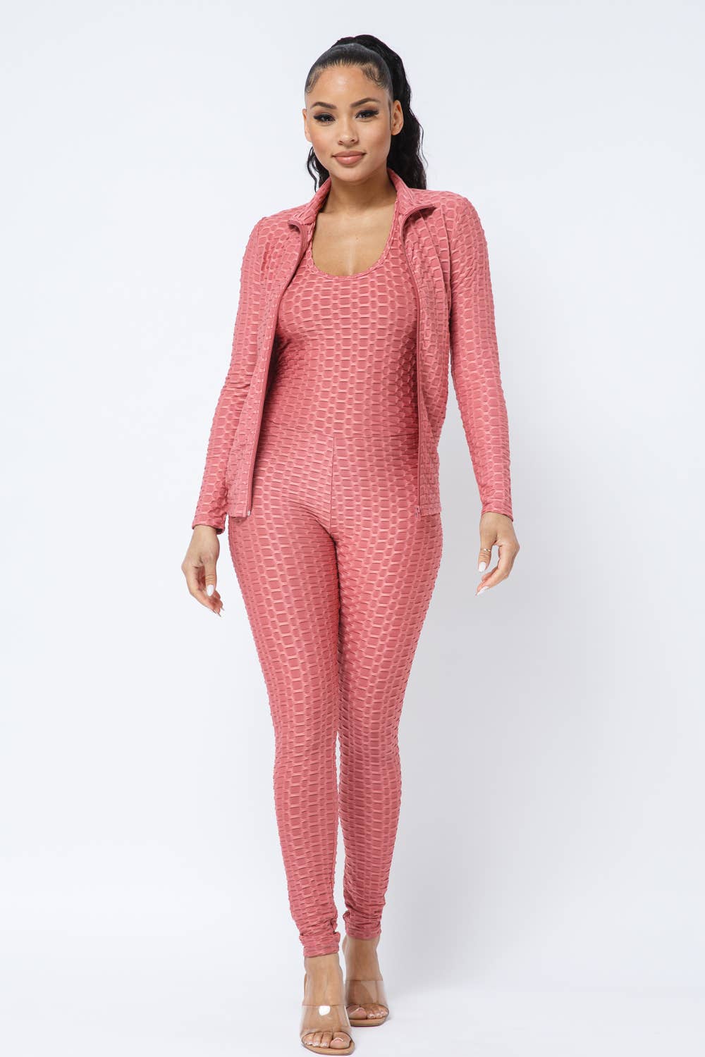 Honeycomb Cross Back Jumpsuit And Zipper Jacket Set