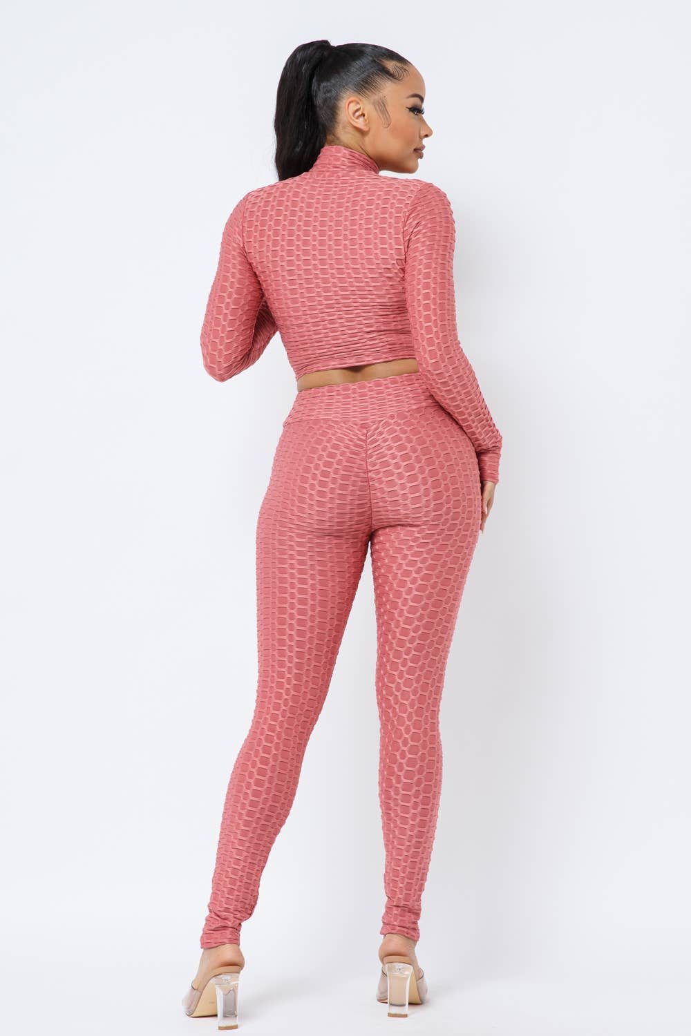 Honeycomb Mock Neck Cropped Jacket and Leggings Set