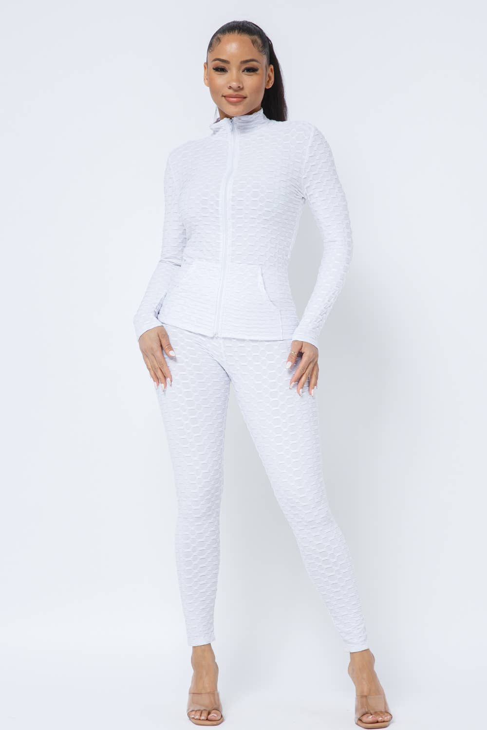 Honeycomb Zipper Side Pockets Jacket and Leggings Set