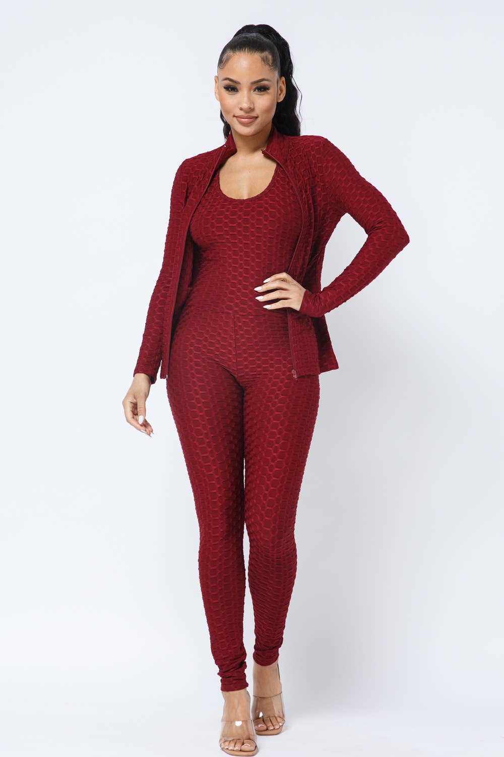 Honeycomb Cross Back Jumpsuit And Zipper Jacket Set