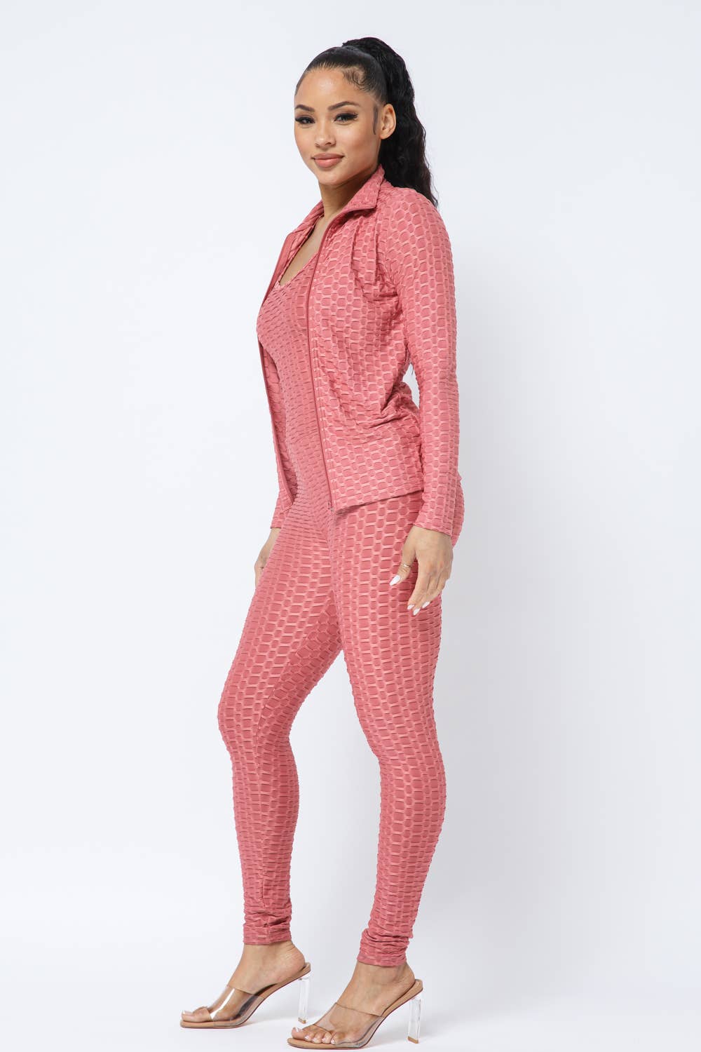 Honeycomb Cross Back Jumpsuit And Zipper Jacket Set