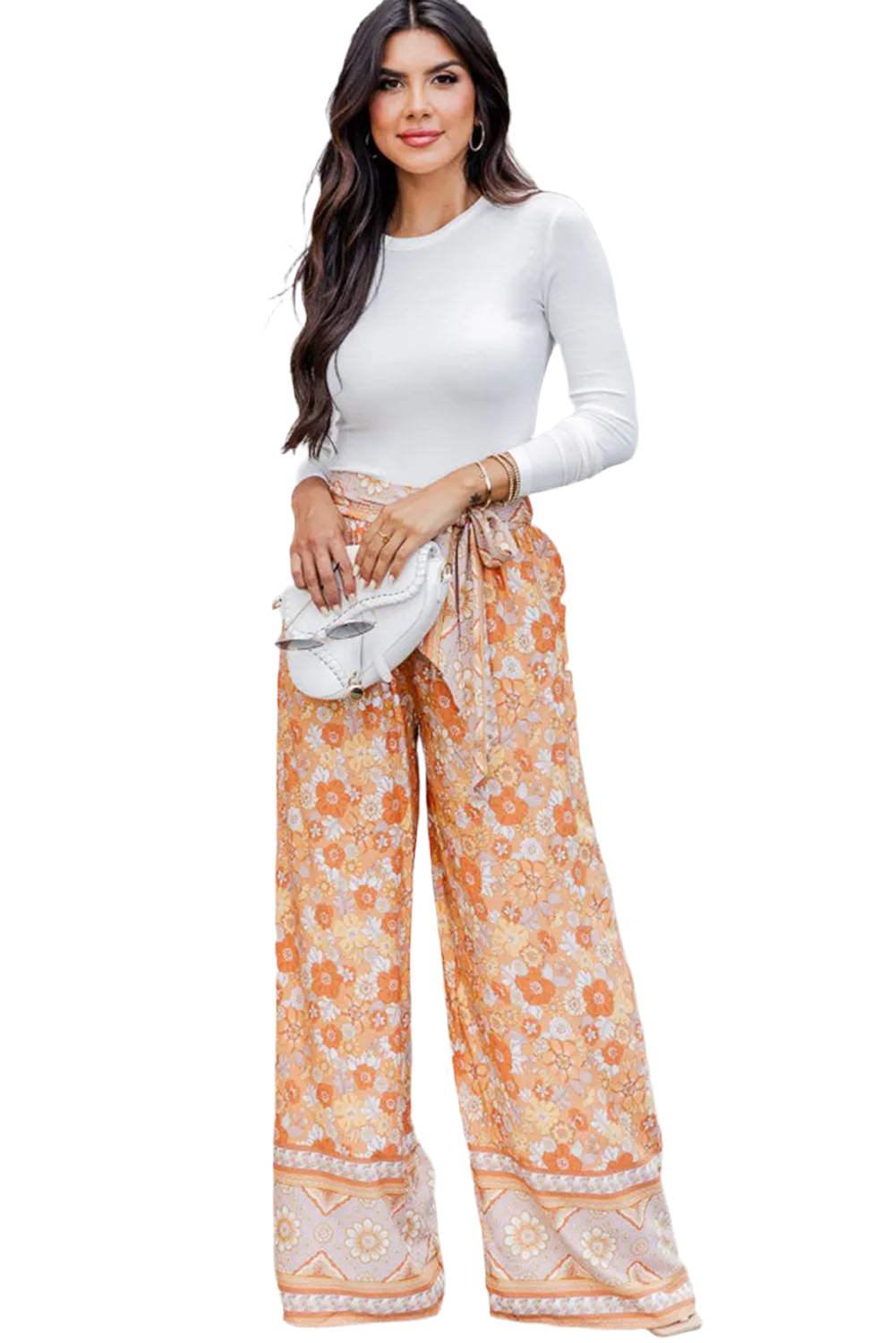 Grapefruit Orange Tie Waist Boho Floral Wide Leg Pants