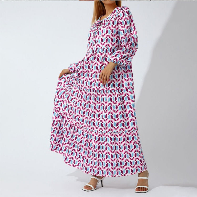 Geometric printed bubble sleeve dress