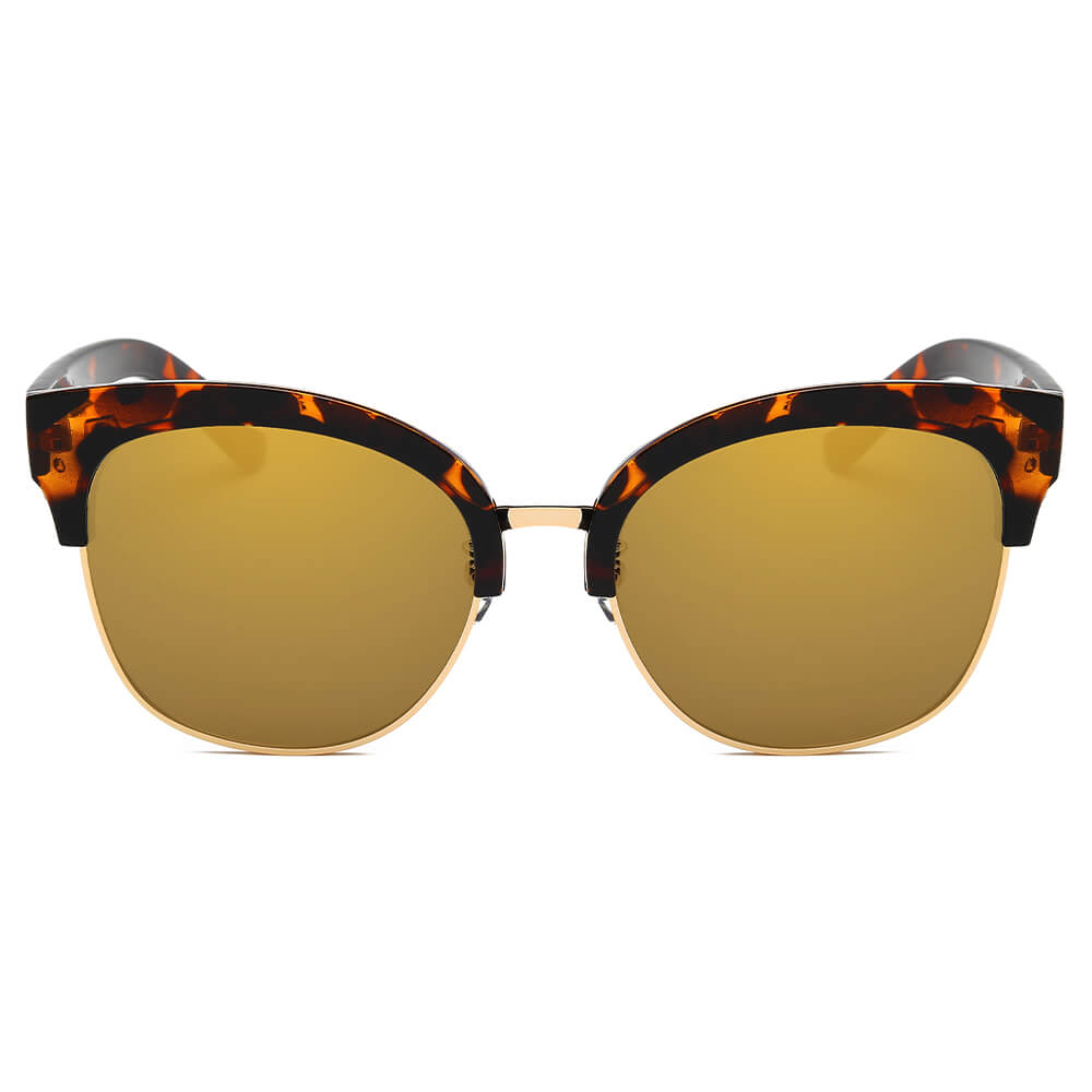 JENISON | Flat Mirrored Lens Clubmaster Horned Rim Sunglasses-11