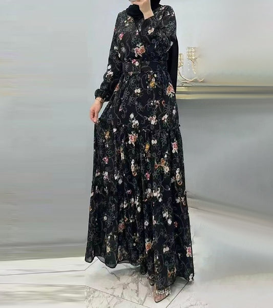 Flower high necked long dress, fashionable commuting dress