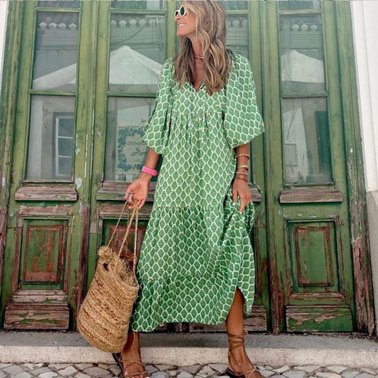 Geometric printed bubble sleeve dress