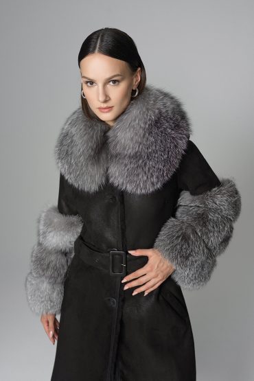 Black Genuine Maxi Lambskin Overcoat with Arctic Silver Fox Fur Collar and Cuffs-2