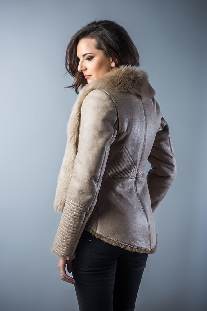 Beige Lamb Nappa Leather Jacket with Merino Fur Collar-1