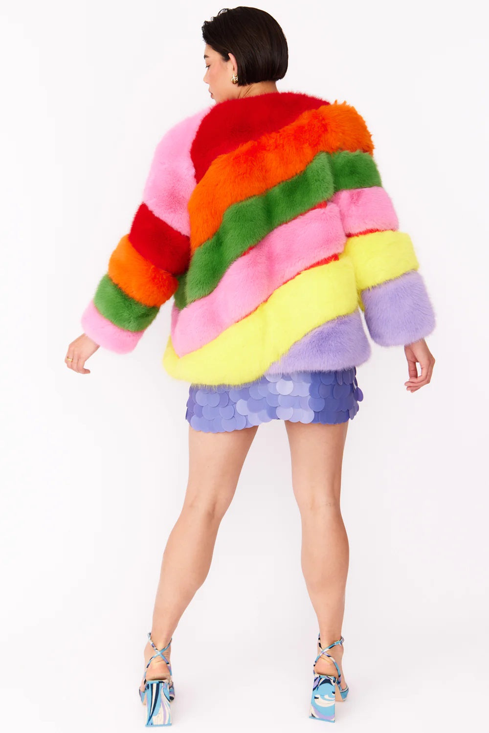 Gaga Faux Fur Striped Rainbow Coat-2