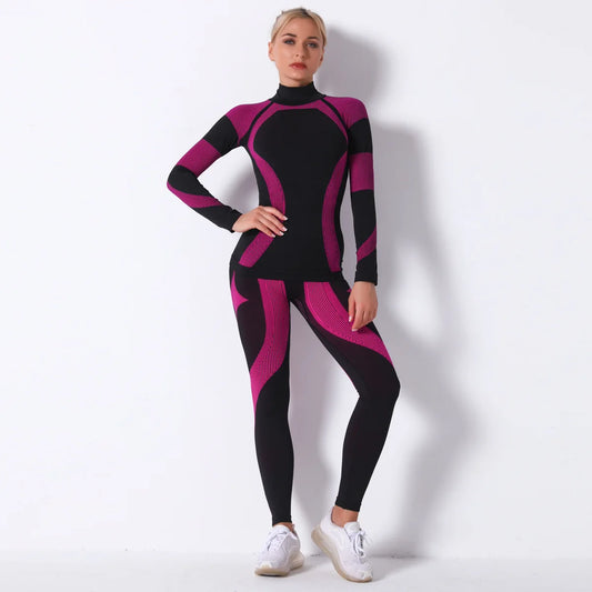 Breathable Yoga Workout Long Sleeve Shirt Leggings Set Gym Sports Fitness Striped Pants Suit For Women-0