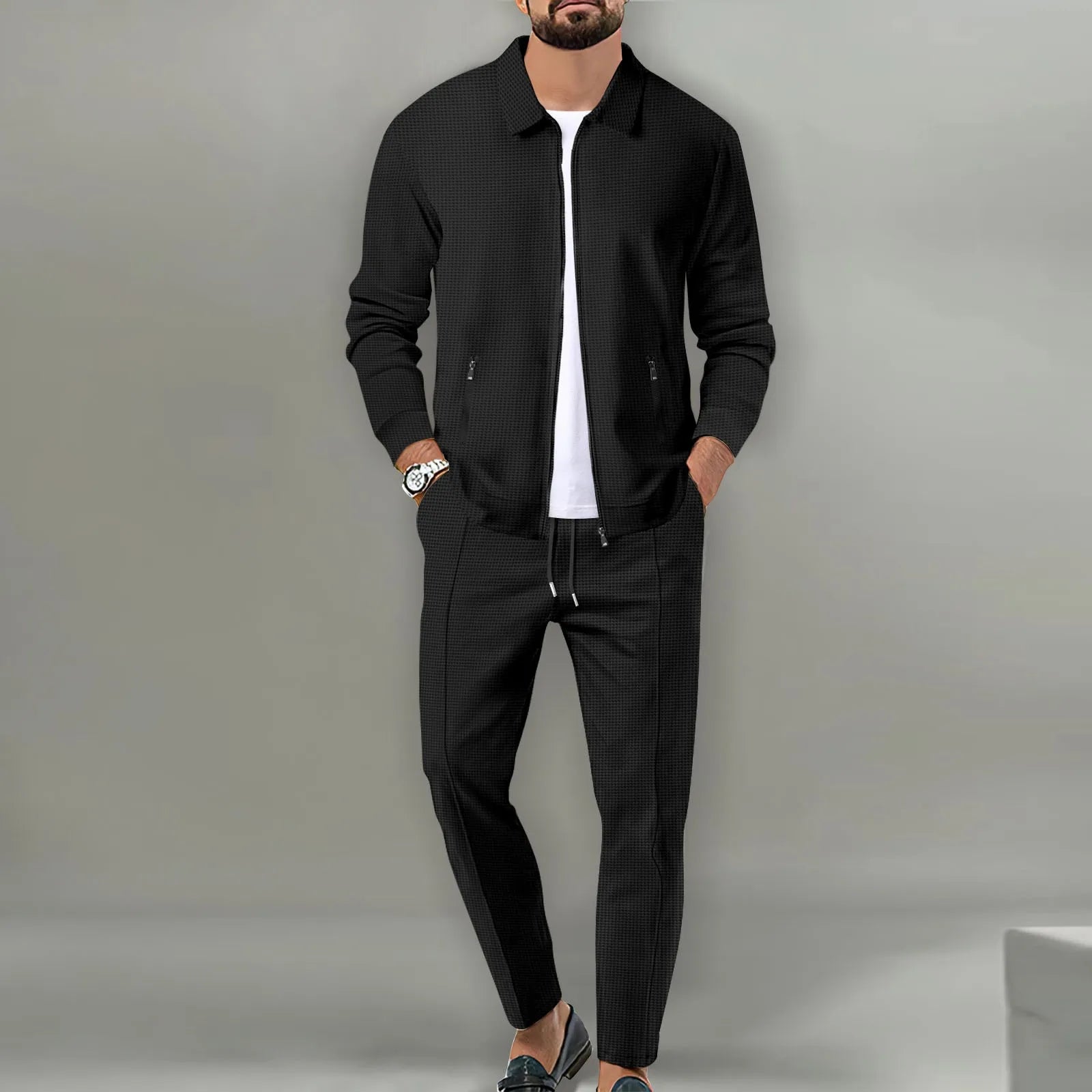 2024 Korea new men's fall two-piece jogging lapel jacket top + loose pants cotton casual sportswear big size workwear suit-9