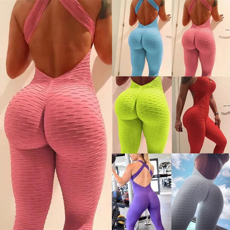 Sexy Women's Soft Tracksuit Yoga jumpsuit Pants High Waist Gym Play bubble bodysuit cross back fitness pants yoga leggings-0