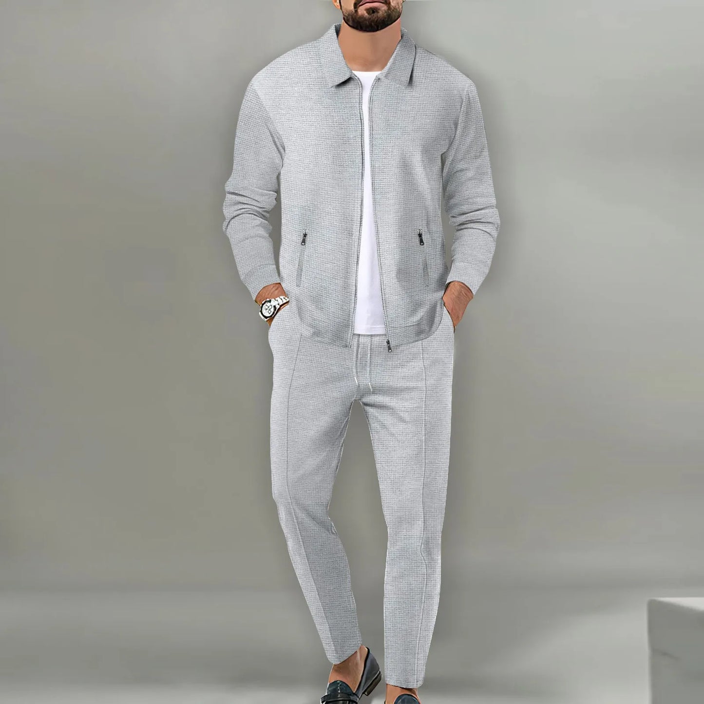 2024 Korea new men's fall two-piece jogging lapel jacket top + loose pants cotton casual sportswear big size workwear suit-5