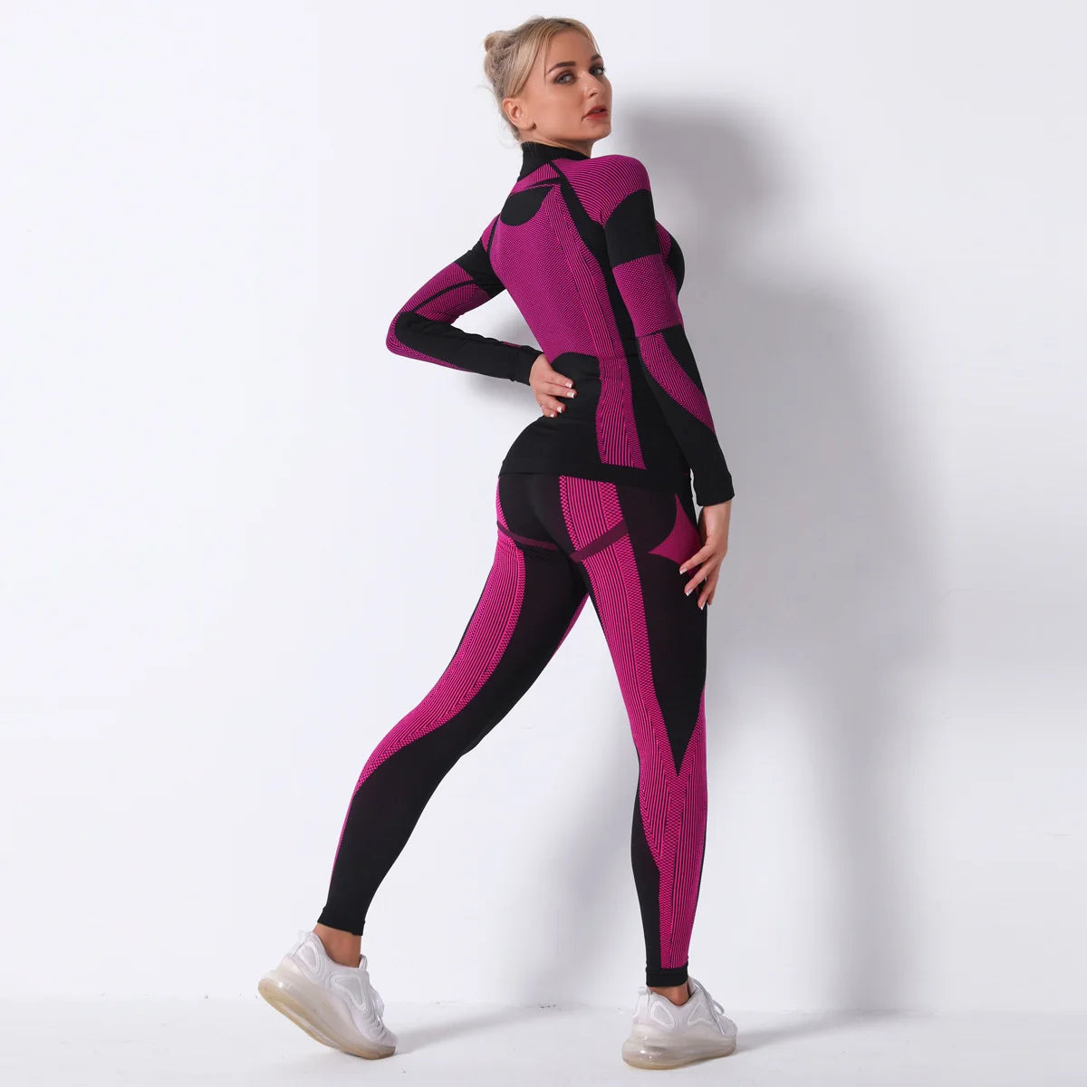 Breathable Yoga Workout Long Sleeve Shirt Leggings Set Gym Sports Fitness Striped Pants Suit For Women-2