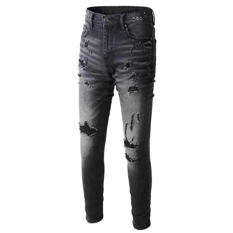 Fashion Streetwear Retro Black Gray Elastic Slim Fit Destroyed Ripped Jeans