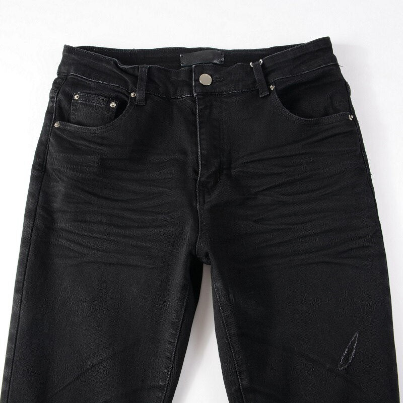 Black Distressed Regular Slim Fit Damaged Holes Super Skinny Stretch Ripped Jeans