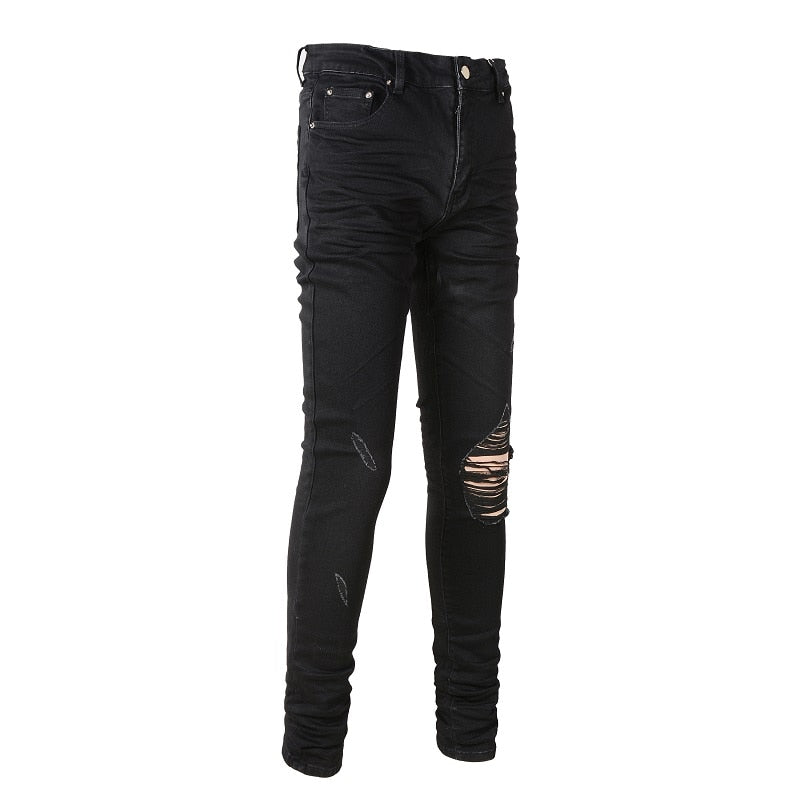 Black Distressed Regular Slim Fit Damaged Holes Super Skinny Stretch Ripped Jeans