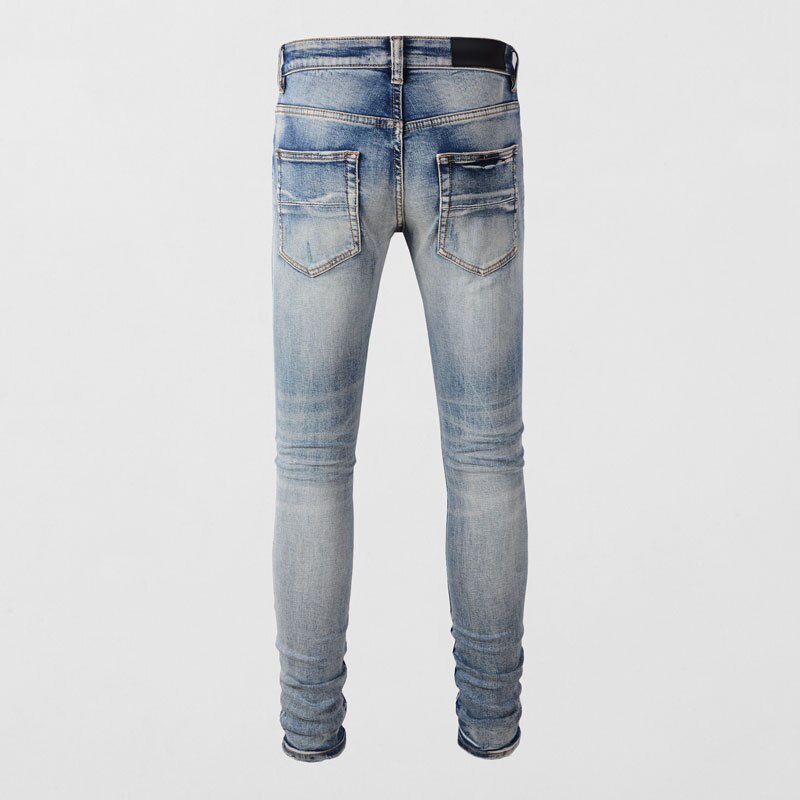 High Street Retro Light Blue Stretch Slim Fit Patched Ripped Jeans