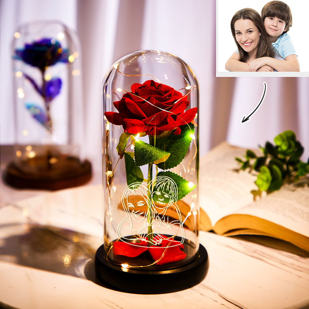 Custom Photo Line Drawing LED Night Light Romantic Simulation Eternal Red Rose In Glass Dome