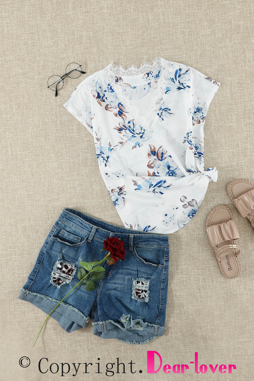 White Floral Scalloped V Neck Short Sleeves Top-16