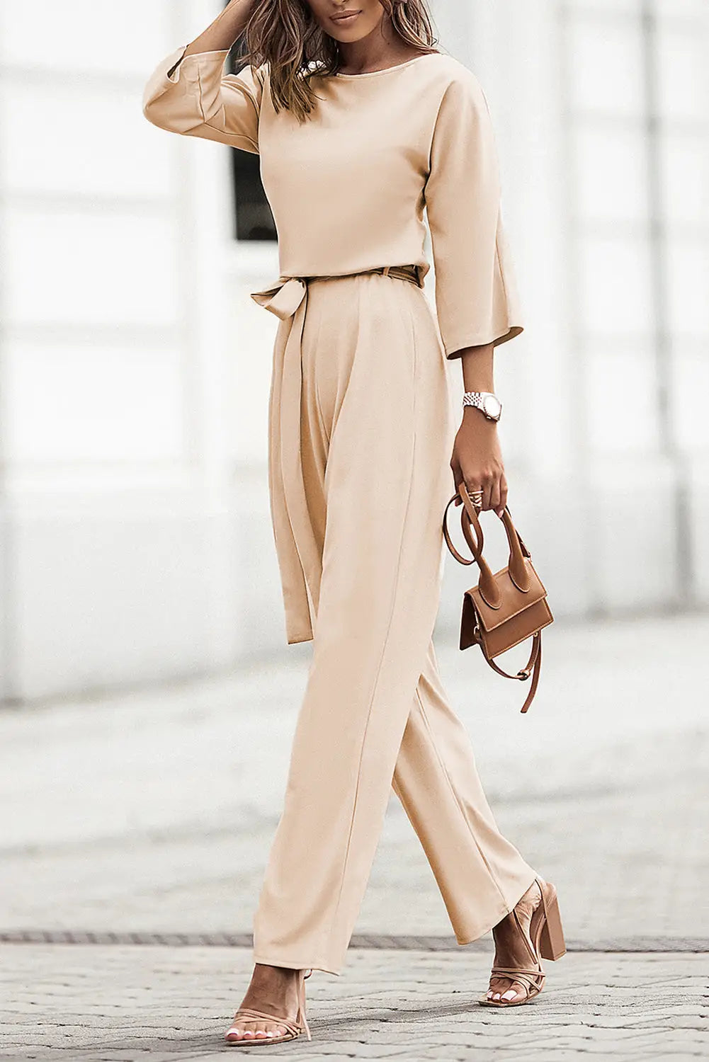 Apricot Bracelet Sleeve Waist Tie Wide Leg Jumpsuit-4