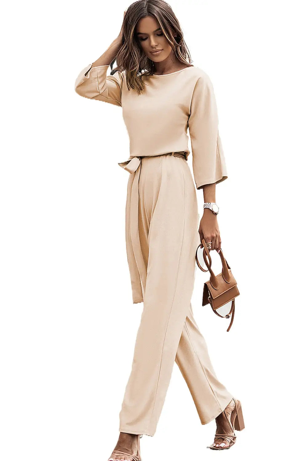 Apricot Bracelet Sleeve Waist Tie Wide Leg Jumpsuit-19