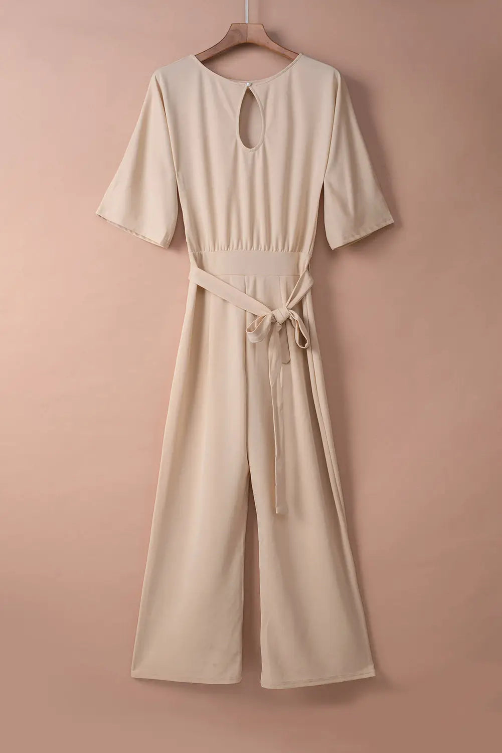 Apricot Bracelet Sleeve Waist Tie Wide Leg Jumpsuit-5