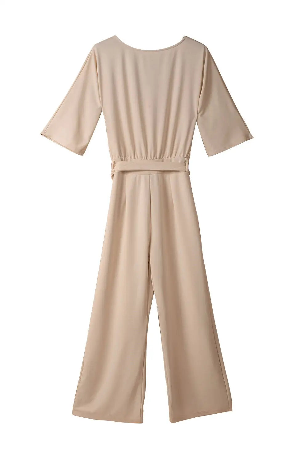 Apricot Bracelet Sleeve Waist Tie Wide Leg Jumpsuit-18