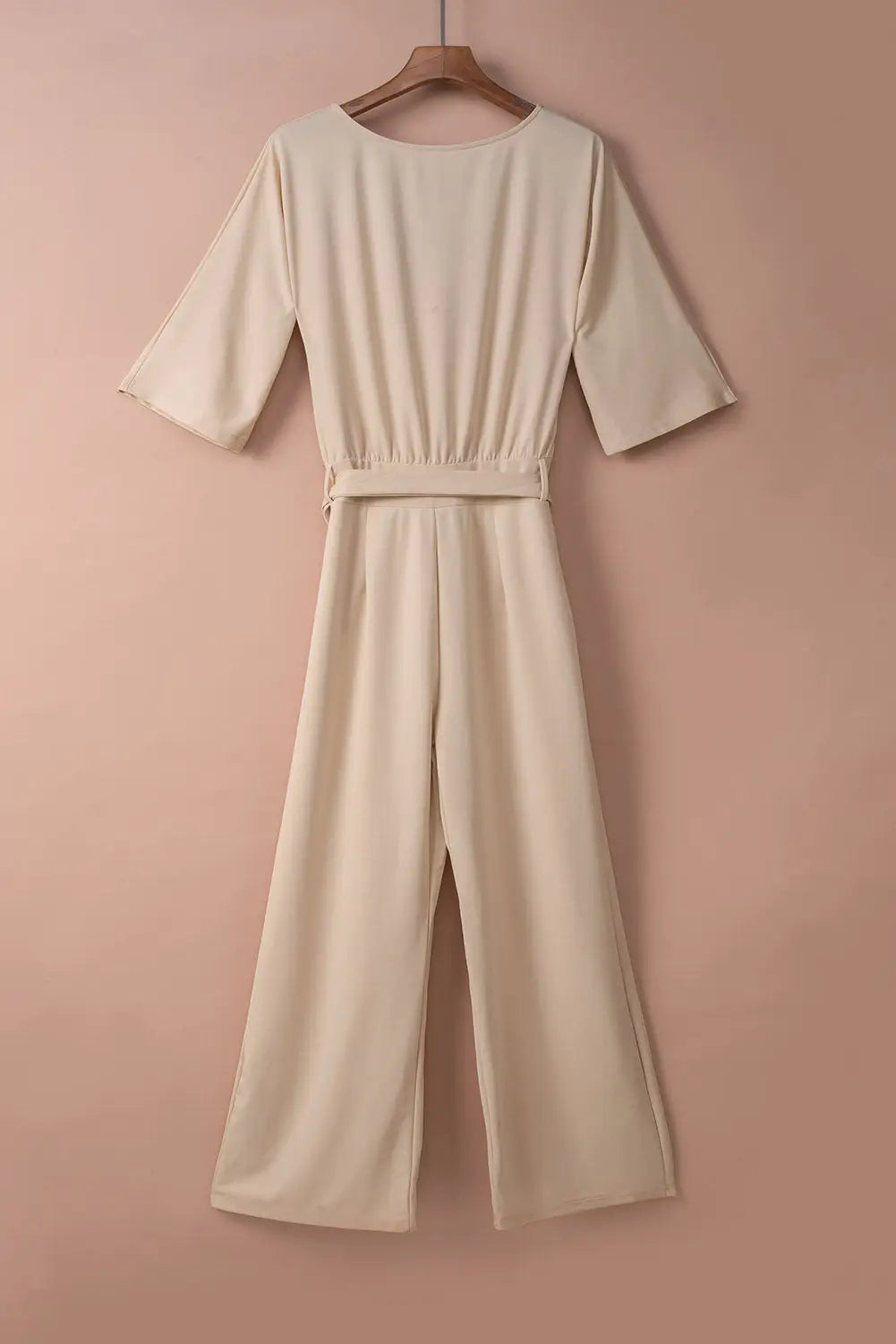 Apricot Bracelet Sleeve Waist Tie Wide Leg Jumpsuit-6