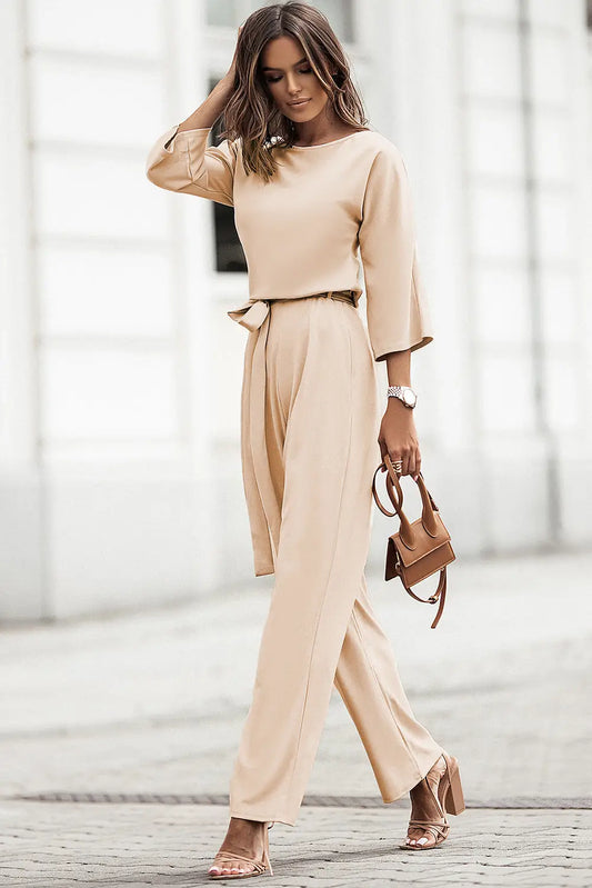 Apricot Bracelet Sleeve Waist Tie Wide Leg Jumpsuit-0