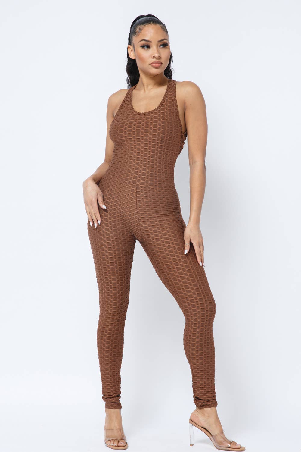 Honeycomb Cross Back Jumpsuit And Zipper Jacket Set