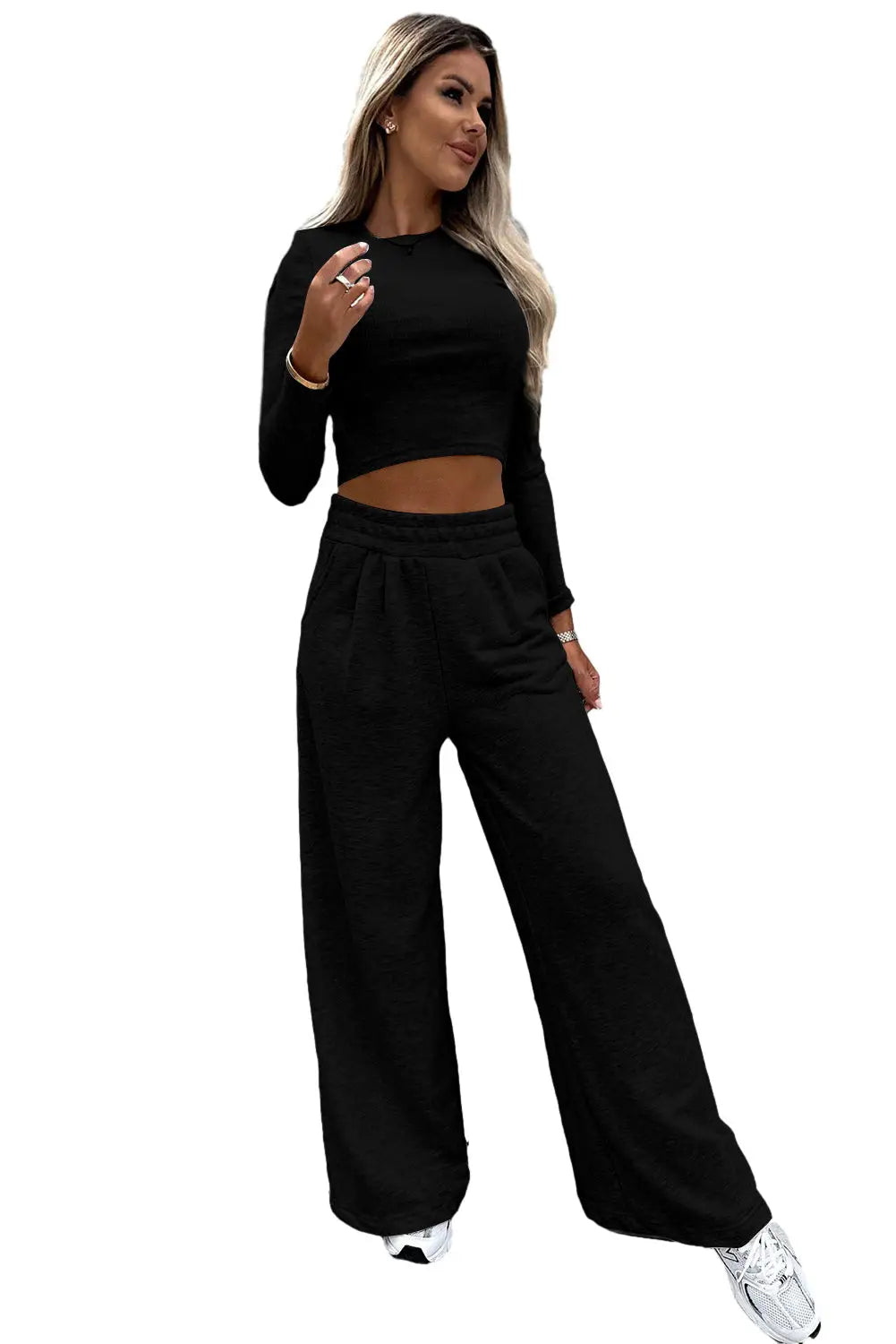 Black Crop Top and Wide Leg Pants Two Piece Set-4