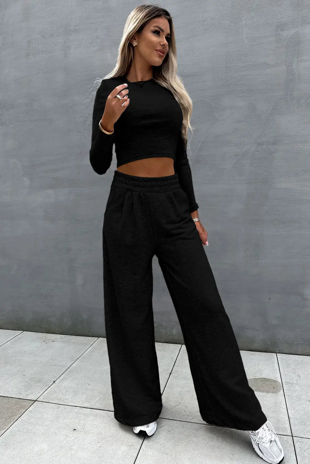 Black Crop Top and Wide Leg Pants Two Piece Set-3