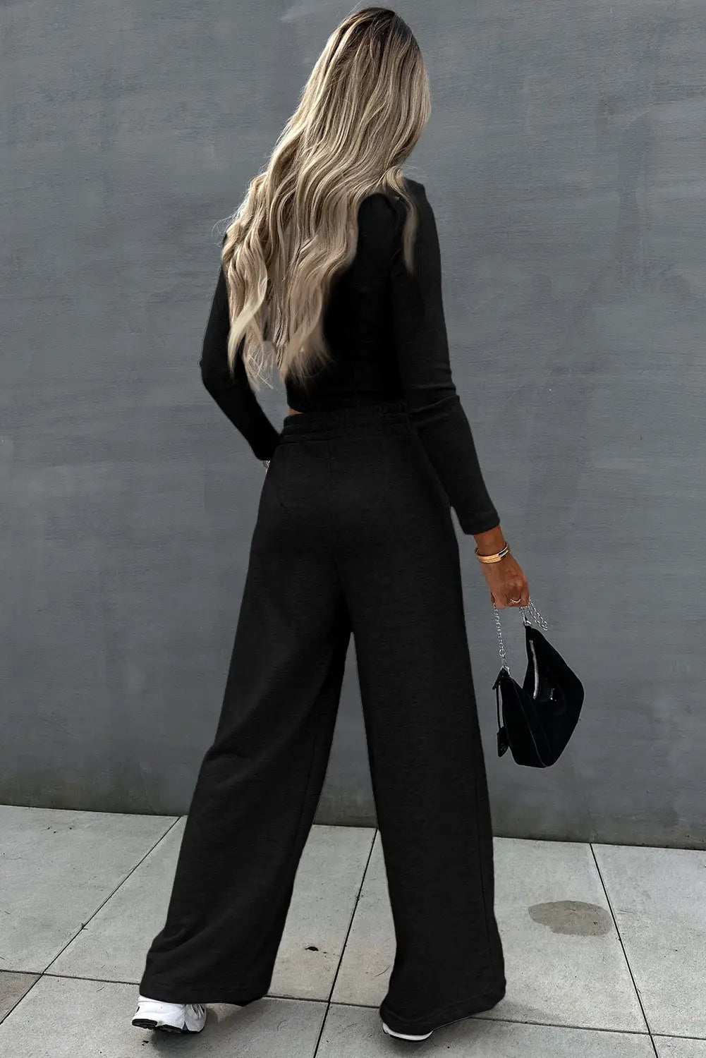 Black Crop Top and Wide Leg Pants Two Piece Set-1