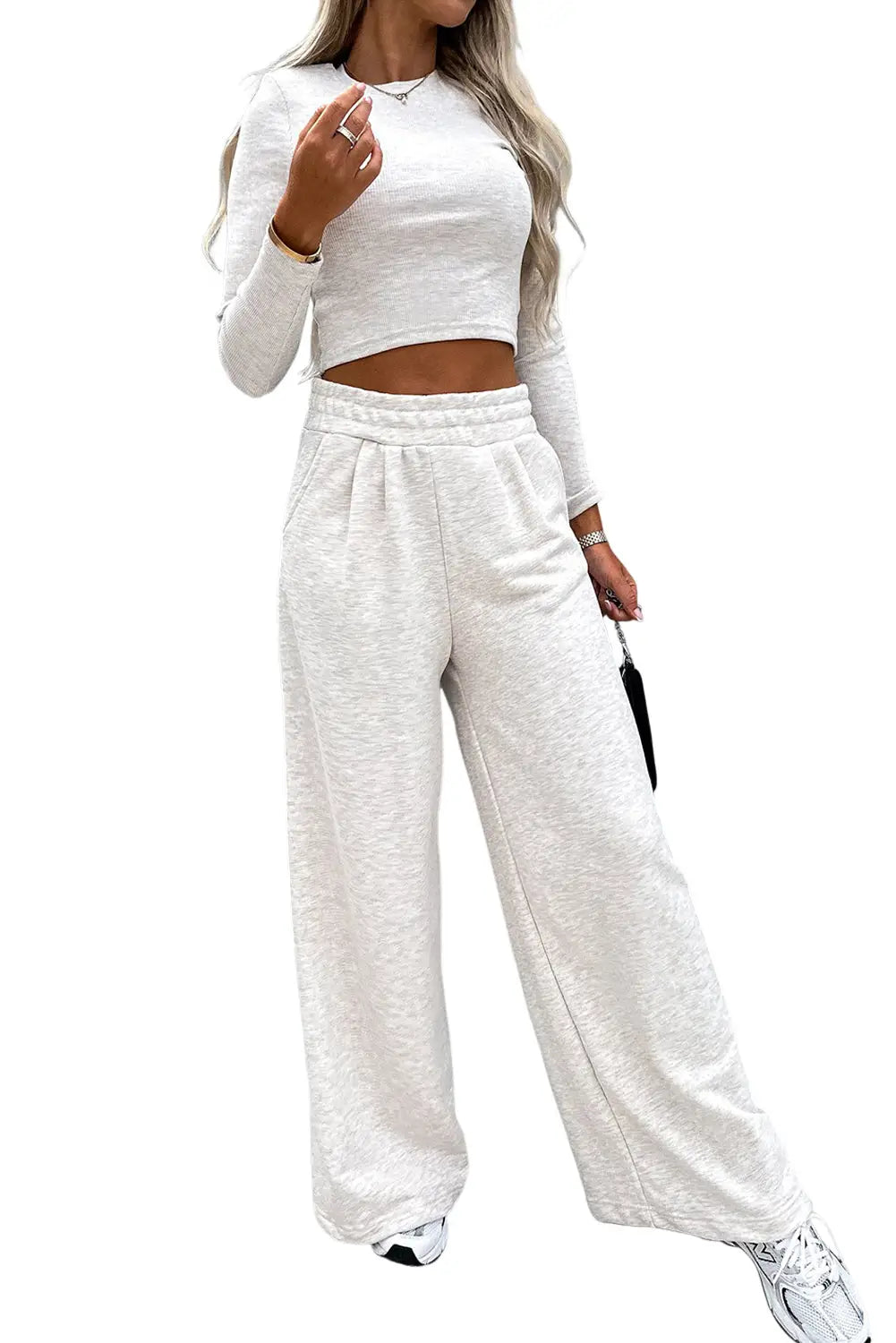 Black Crop Top and Wide Leg Pants Two Piece Set-15