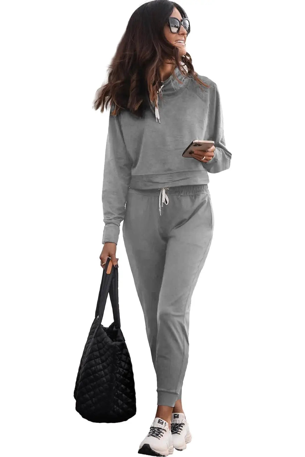 Black Drawstring Hoodie and High Waist Pants Lounge Set-7