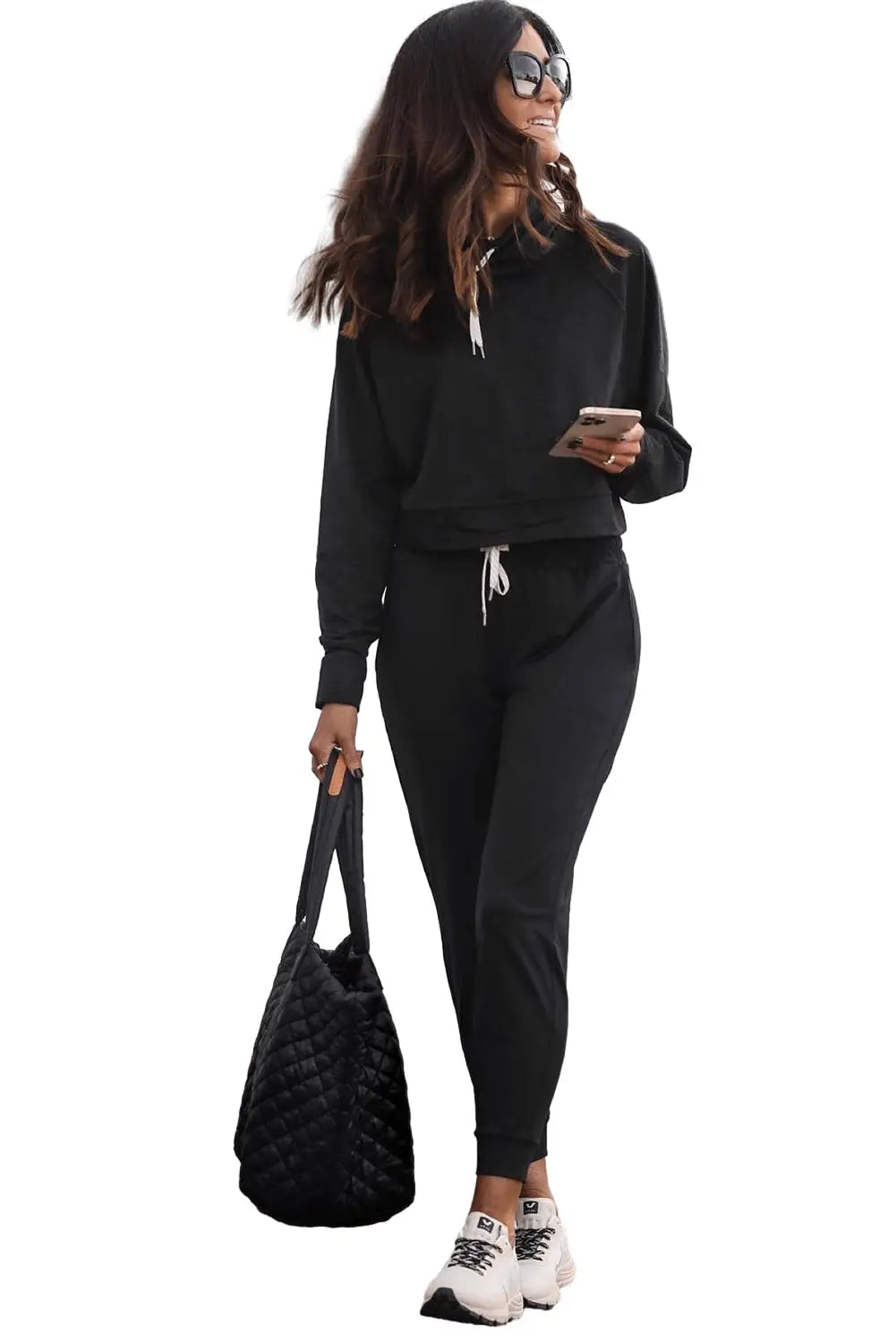 Black Drawstring Hoodie and High Waist Pants Lounge Set-3