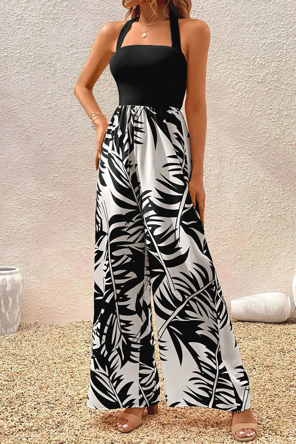 Black Halter Tropical Wide Leg Jumpsuit-3