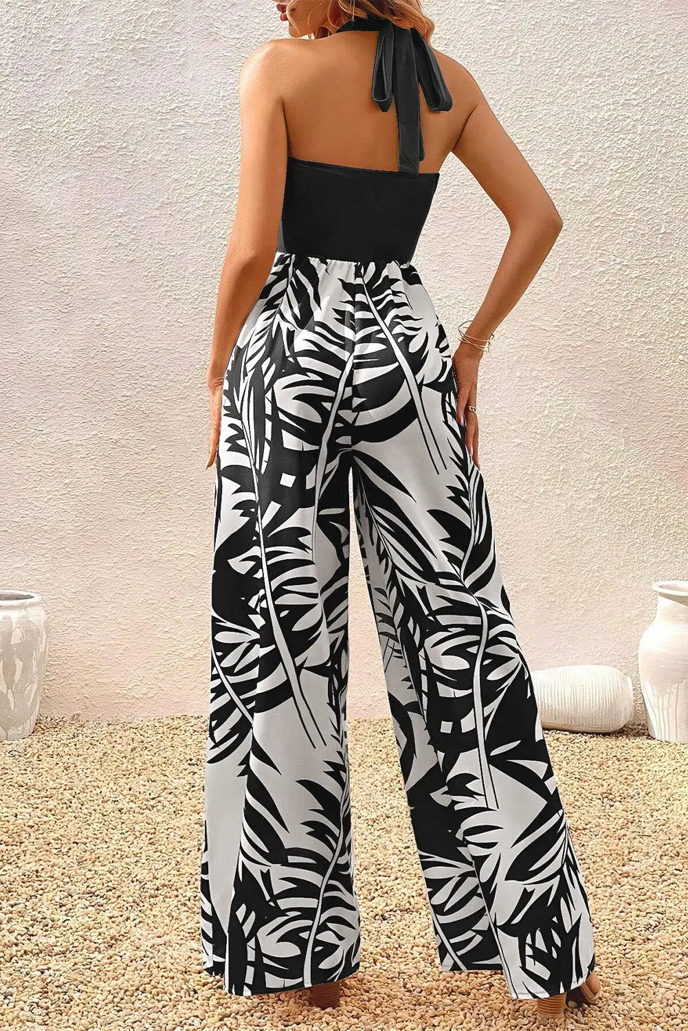 Black Halter Tropical Wide Leg Jumpsuit-1