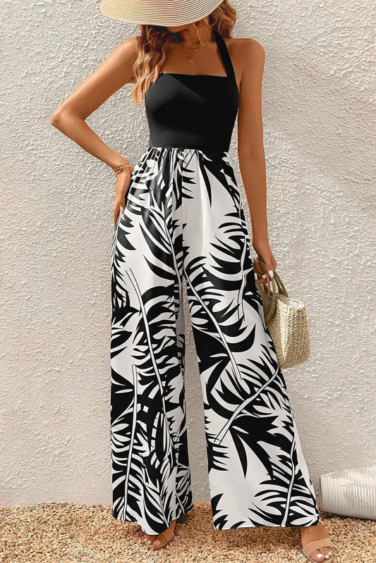 Black Halter Tropical Wide Leg Jumpsuit-0