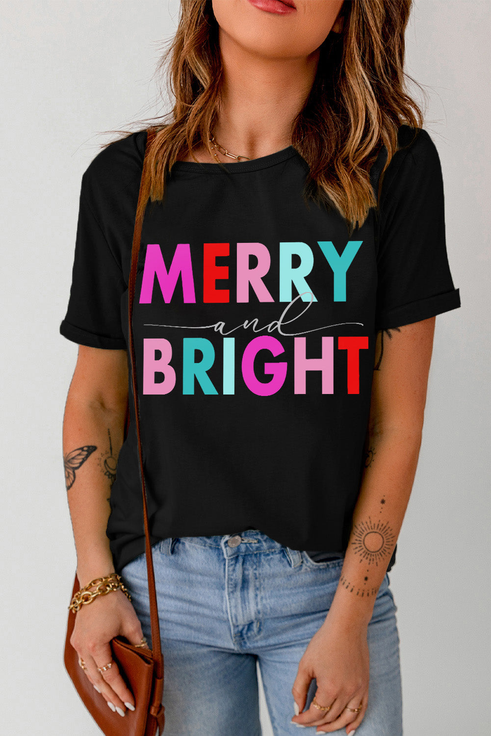 Black MERRY and BRIGHT Crew Neck Graphic Tee-2