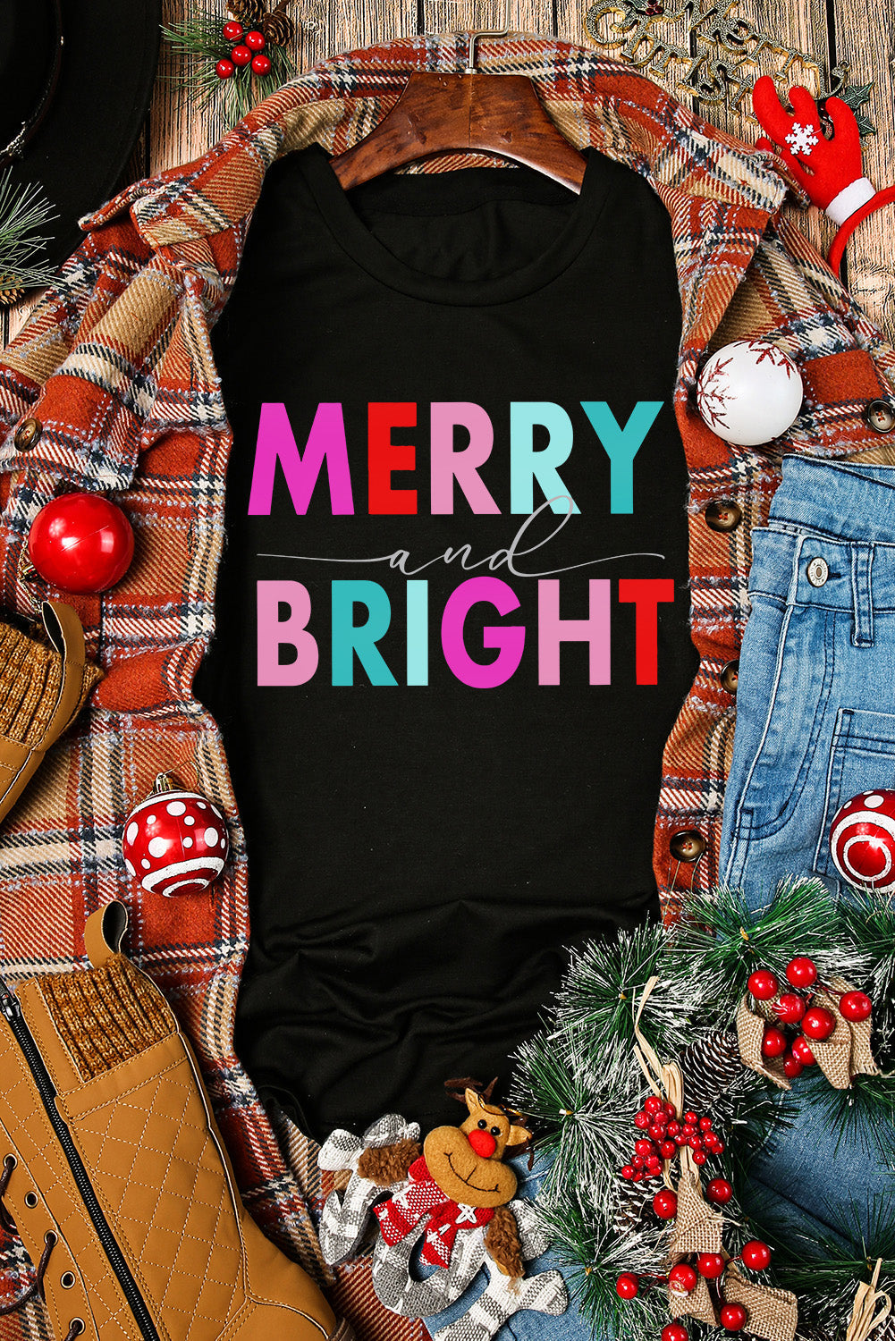 Black MERRY and BRIGHT Crew Neck Graphic Tee-1