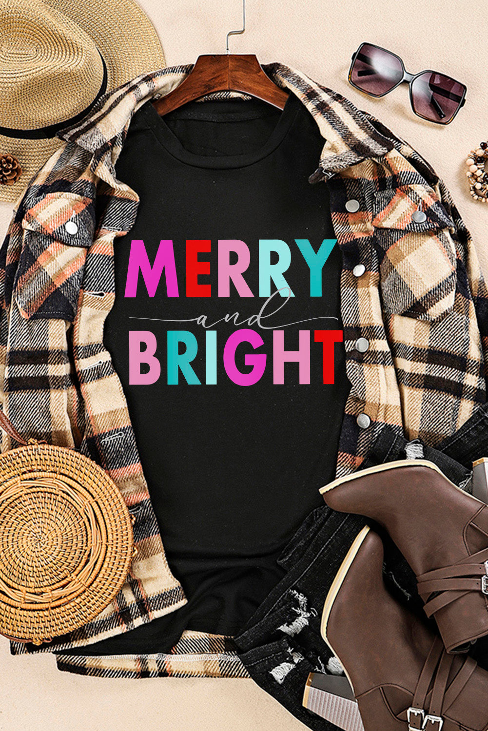 Black MERRY and BRIGHT Crew Neck Graphic Tee-6